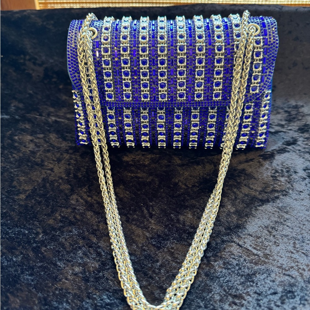 NEW Rhinestone Blue Bag w/Silver Chain